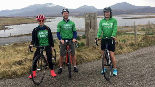 CycleForNature - Francesca Osowska with Patrick Hughes and Mairi MacCormick on Uist.