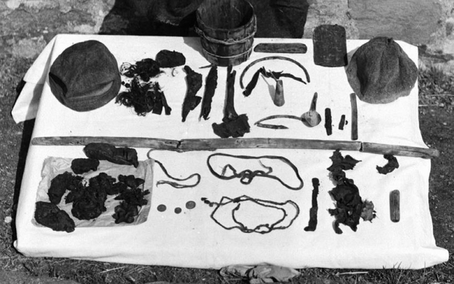 The remnants of Gunnister Man discovered in the peat.  Photo credit: Shetland Museum and Archives.
