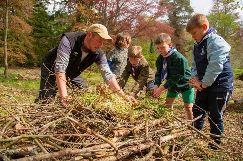 Volunteer helping 4 scouts build a replica golden eagles’ nest with twigs, branches and grass.