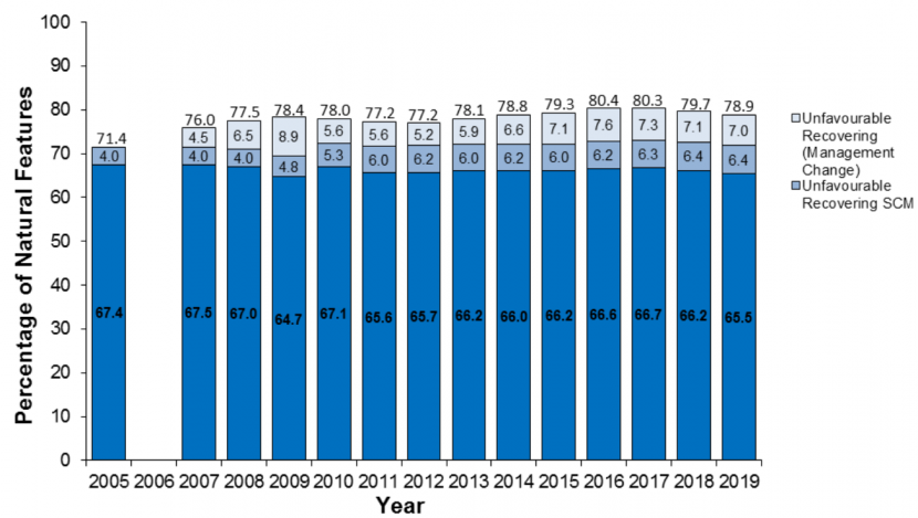 Figure 11.1 Percentage of natural features on protected nature sites found to be in favourable or recovering condition, as at 31 March 2019