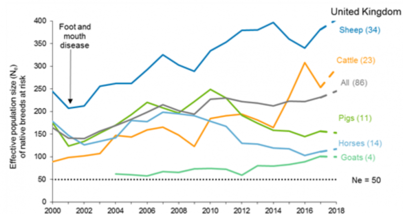 Figure 13.2. Average effective UK population size (Ne) of Native Breeds at Risk, 2000 to 2018