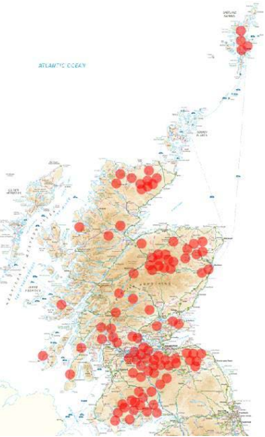 Figure 15.1 Peatland restoration sites 2012 -2014. (Source: Climate Exchange/James Hutton Institute)