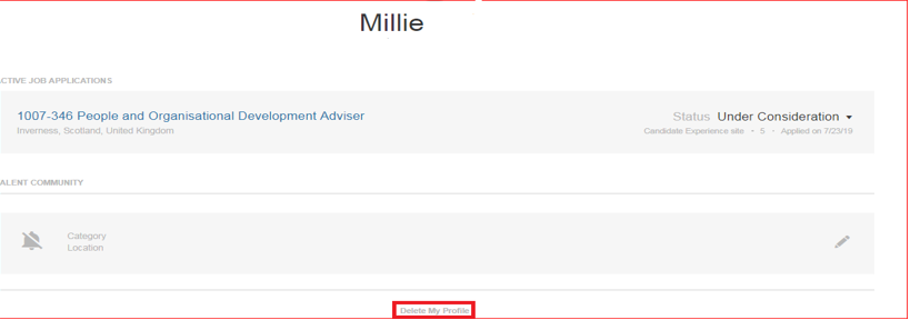 image of application status showing red box to delete profile