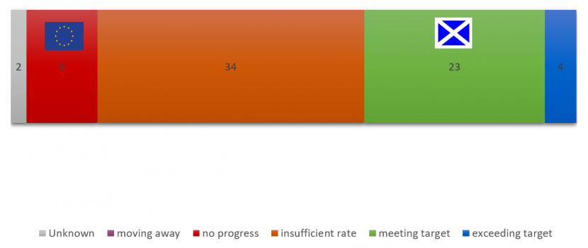 Global progress against Target 13 Showing number of countries attaining each status and progress of Scotland and EU