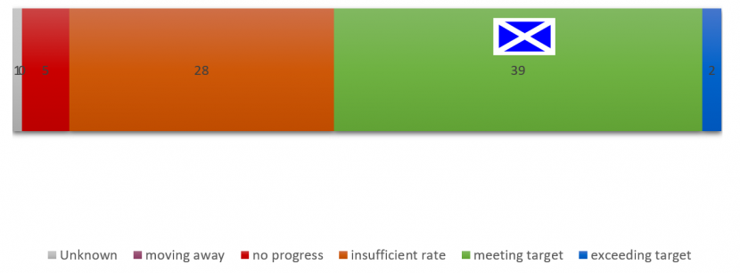 Global progress against Target 19 Showing number of countries attaining each status and progress of Scotland and EU
