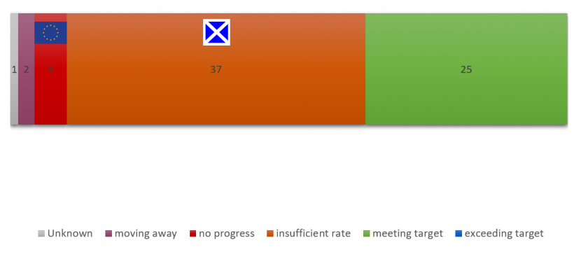 Global progress against Target 7 Showing number of countries attaining each status and progress of Scotland and EU