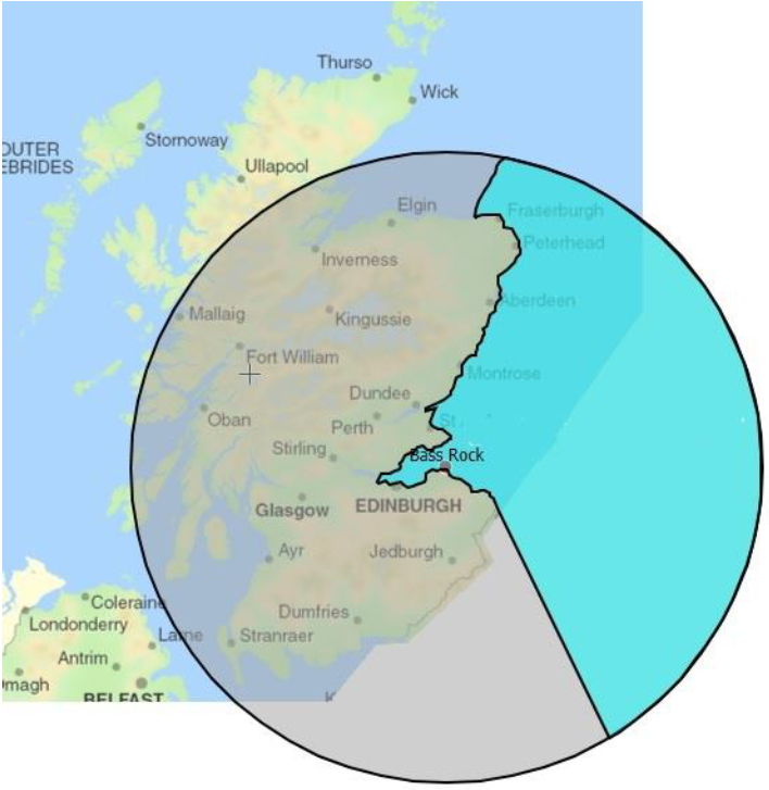 Figure 1 - map of sea accessible to a species of foraging range from Bass Rock
