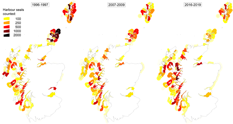Maps to provide comparison of harbour seal counts over time