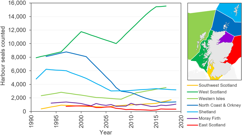 Line graph displaying harbour seal counts in seal management areas