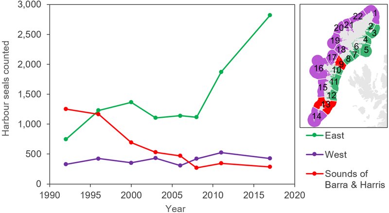 Line graph displaying regional harbour seal counts