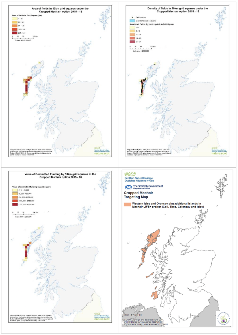 Set of four maps of Scotland showing area of fields in 10 km squares under the cropped machair option