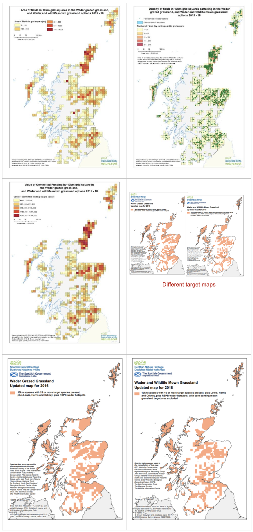 Set of seven maps of Scotland showing area of fields in 10 km squares under the wader and wildfowl mown grassland and wader grazed grassland options