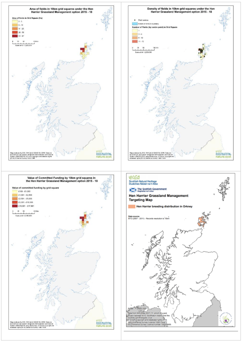 Set of four maps of Scotland showing area of fields in 10 km squares under the hen harrier grassland management option