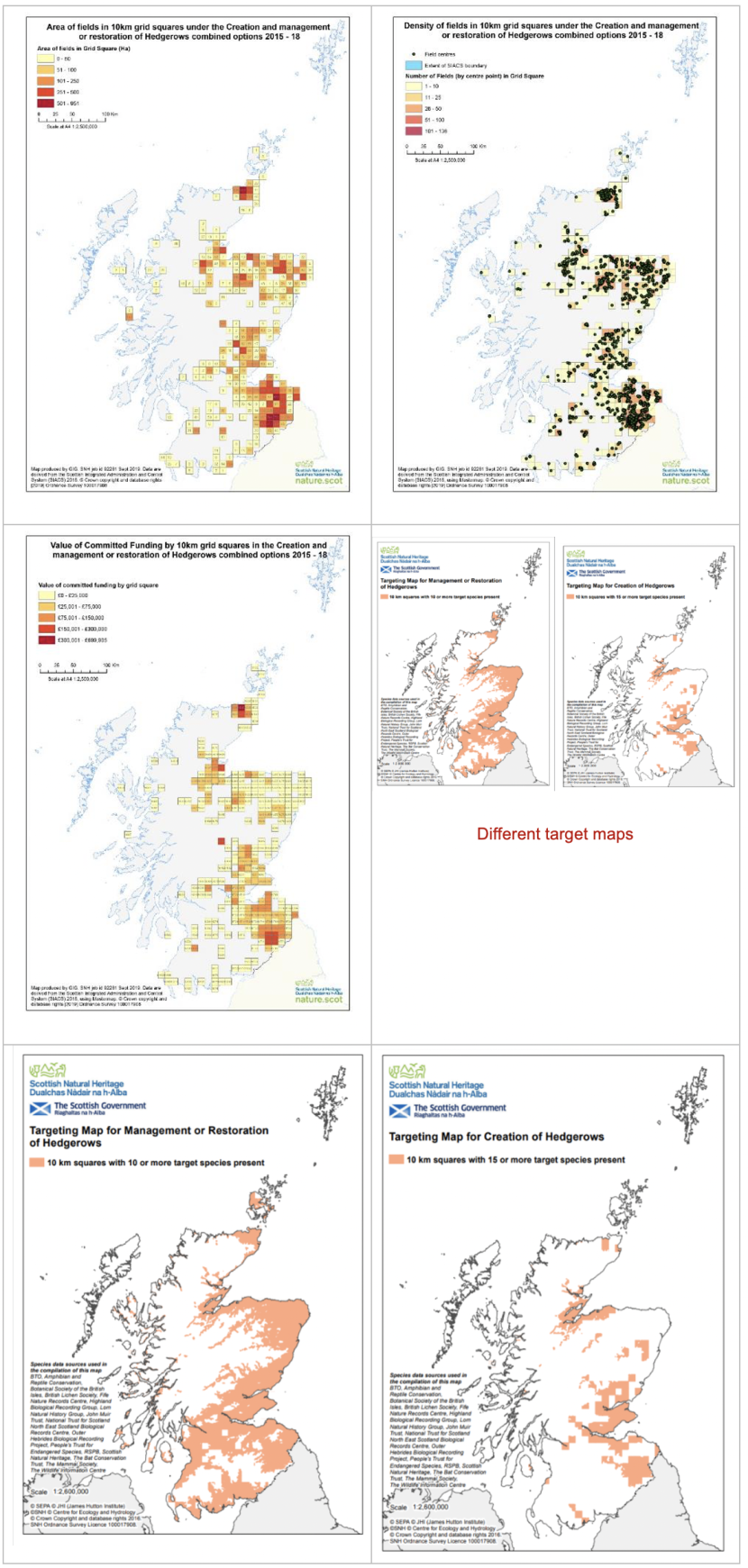 Set of seven maps of Scotland showing area of fields in 10 km squares under the creation and management or restoration hedges combined options