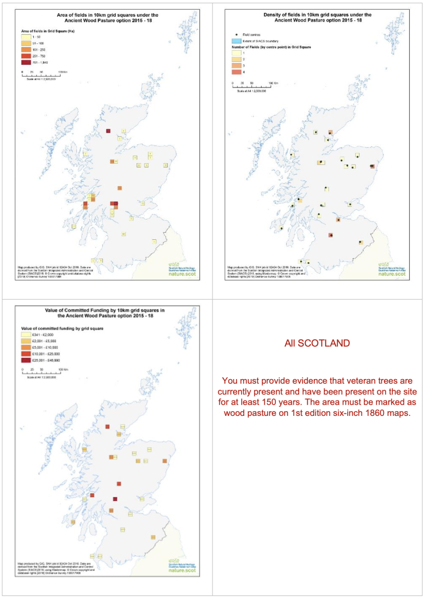 Set of three maps of Scotland showing area of fields in 10 km squares under the ancient wood pasture option