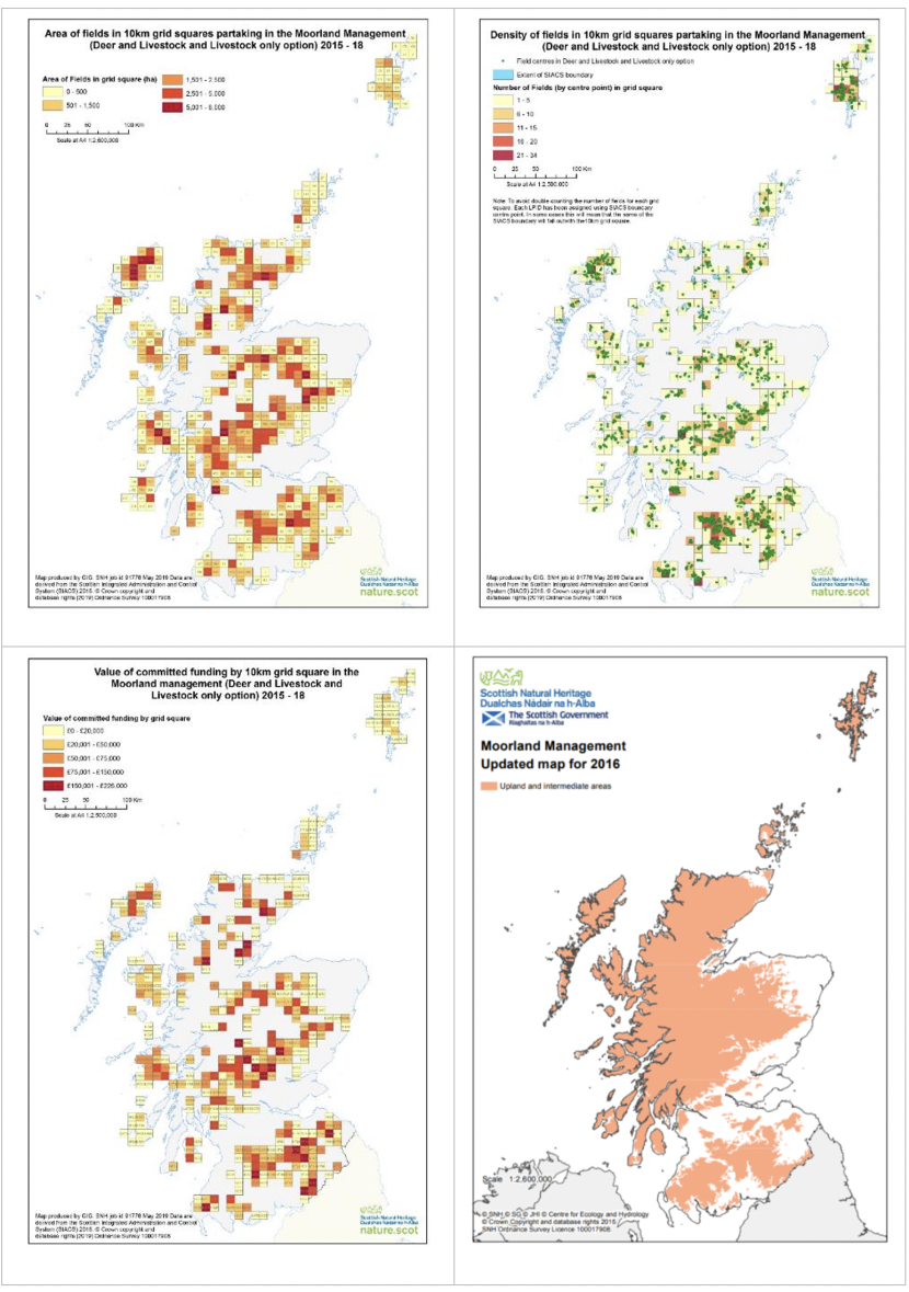 Set of four maps of Scotland showing area of fields in 10 km squares partaking in the moorland management (deer and livestock option)