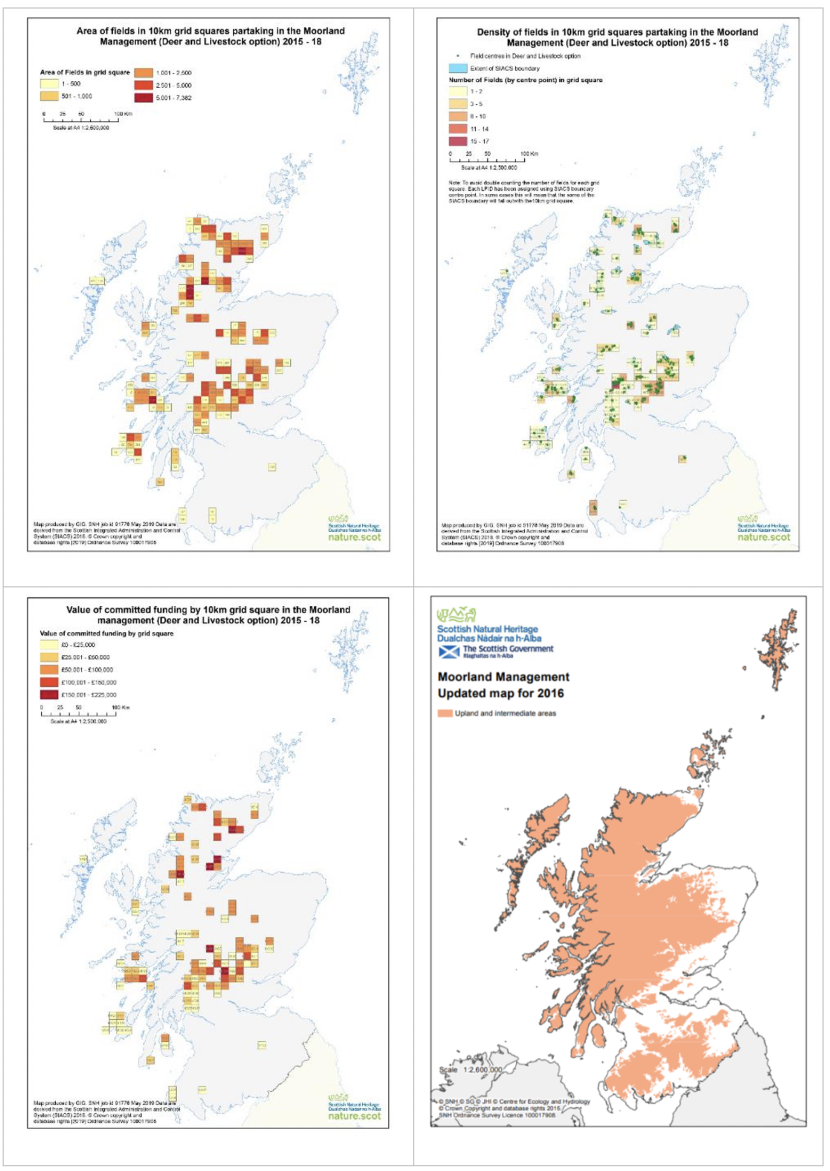 Set of four maps of Scotland showing area of fields in 10 km squares partaking in the moorland management (deer and livestock option)