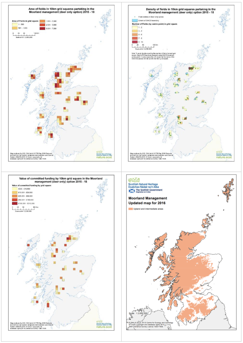 Set of four maps of Scotland showing area of fields in 10 km squares partaking in the moorland management (deer only option)