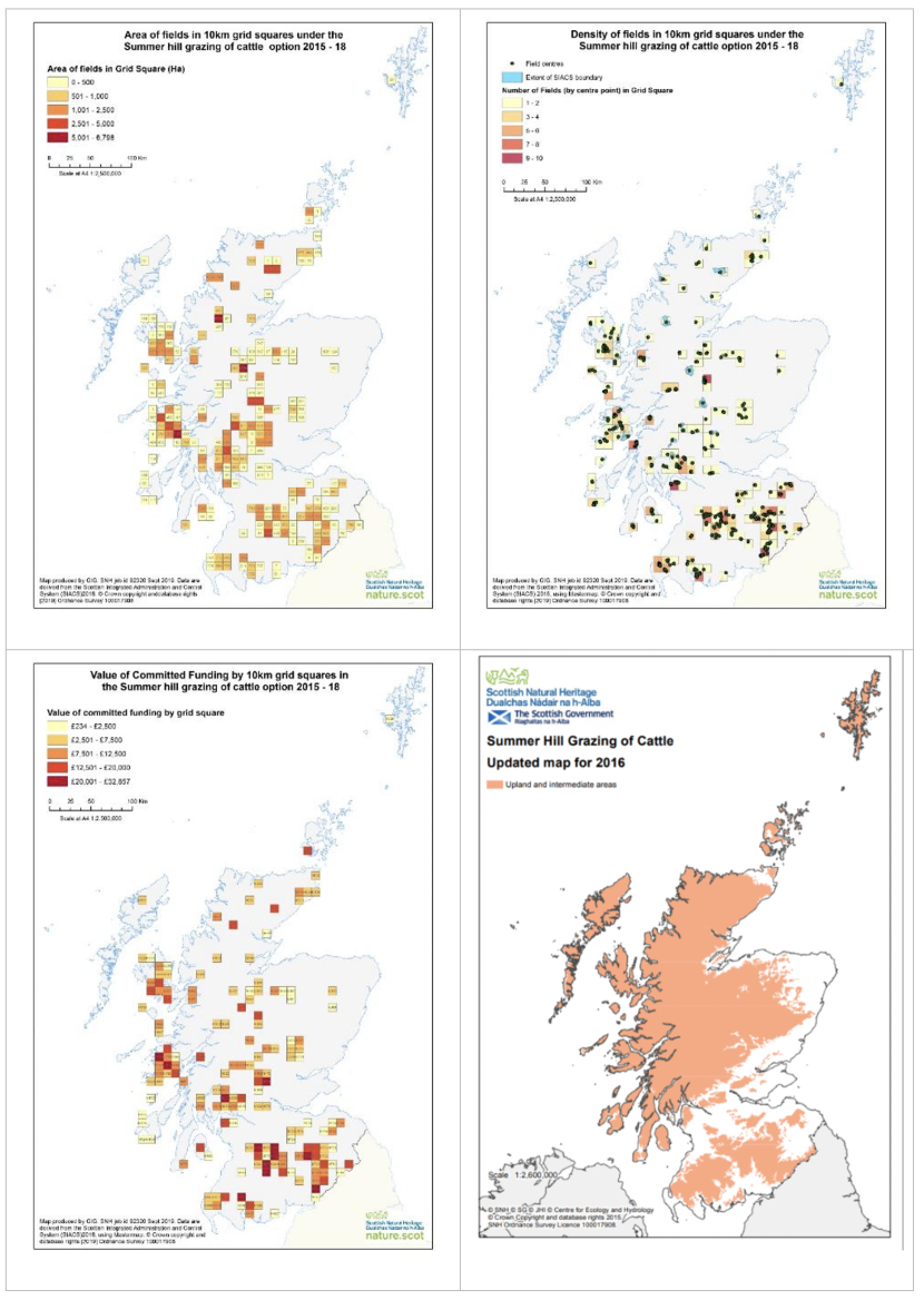 Set of four maps of Scotland showing area of fields in 10 km squares partaking in the summer hill grazing of cattle option