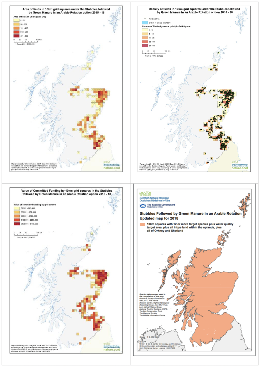 Set of four maps of Scotland showing area of fields in 10 km squares under the stubbles followed by green manure in arable rotation option