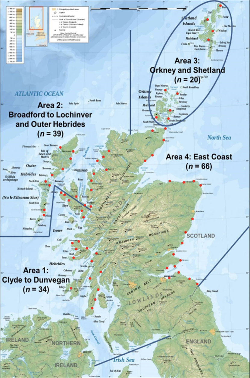 Map of Scotland divided into four survey ares, with ports and harbour where surveys took place mark with a red dot.