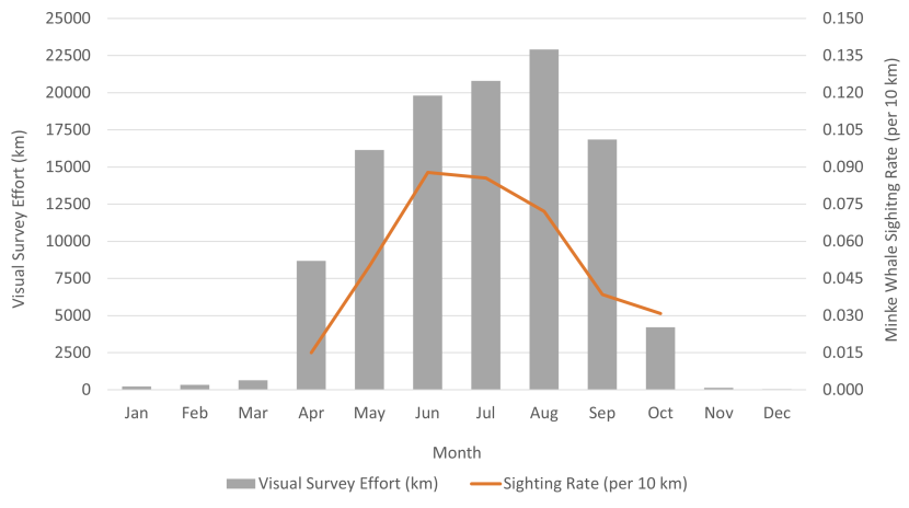 Combined line and bar graph of HWDT seasonal visual survey effort combined with minke whale sighting rate.