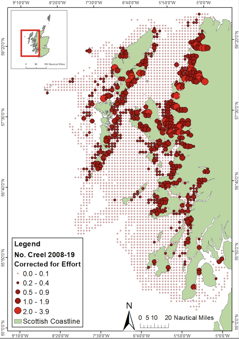 Map of the west coast of Scotland from the Firth of Clyde to Cape Wrath including the Outer Hebrides. Red dots distributed throughout indicating creel effort.