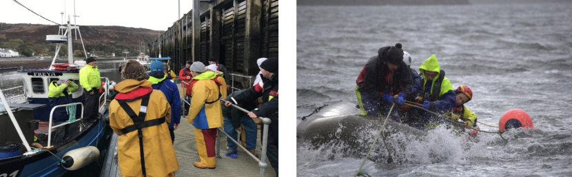 Two photos, first is of a group of people dress in waterproof read to board a fishing vessel. Second photo is a RIB with 4 people inside holding a rope stretch out at the front and trailing in the water at the back with a pink bouy attached.