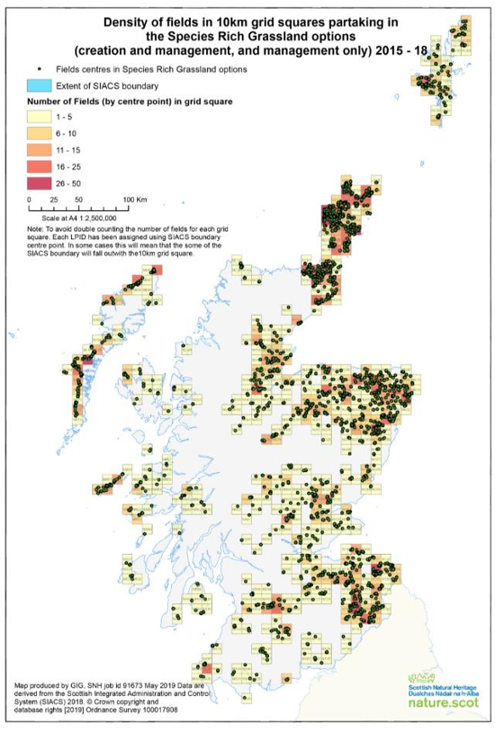 Map showing density of fields in 10km grid square 