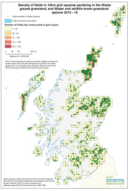 Density of fields in 10km grid squares partaking in the Wader grazed grassland