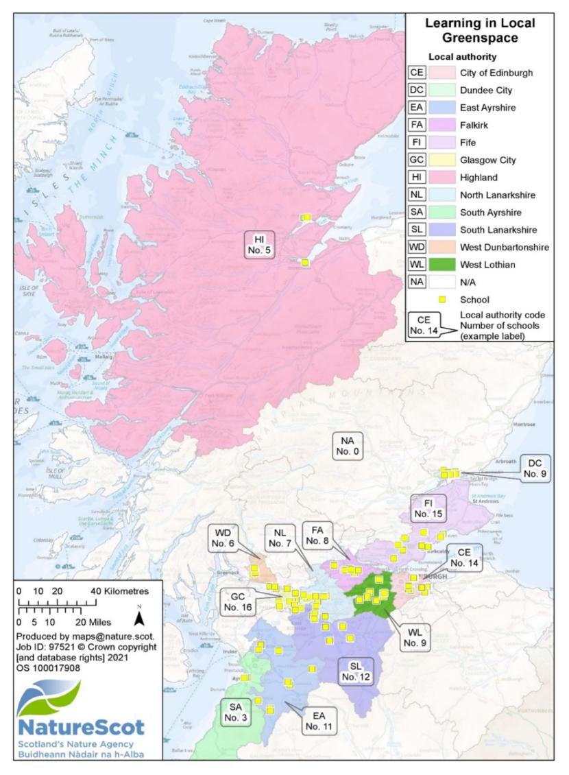Map of Scotland showing the location of the project schools by local authority