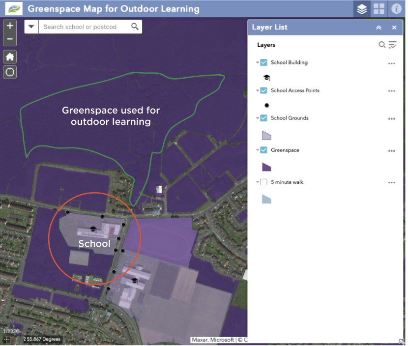 The Greenspace Map for Outdoor Learning showing a school and the greenspace used for outdoor learning