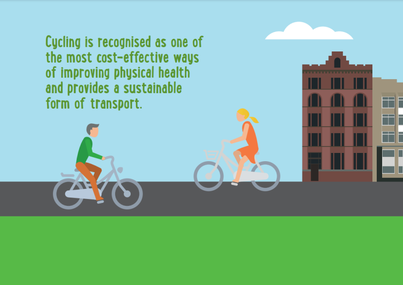 Infographic with two people cycling in nature. Full description provided next.