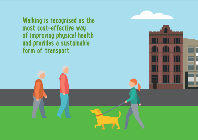 Two people walking and one person walking a dog. Full description provided next.