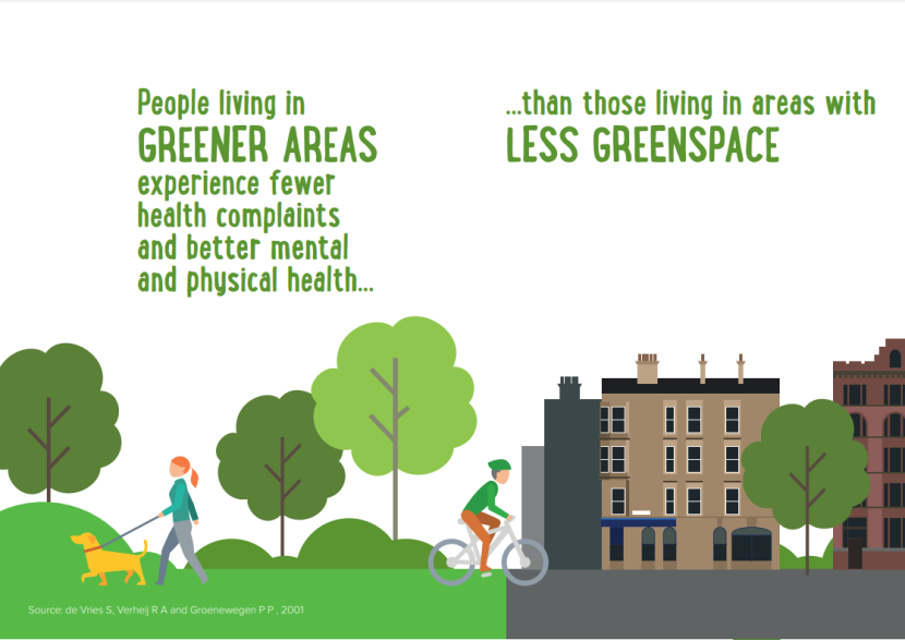 Infographic with a greener area and area with less greenspace.