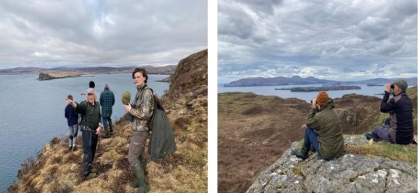 2 images with staff observing at the coast using binoculars.