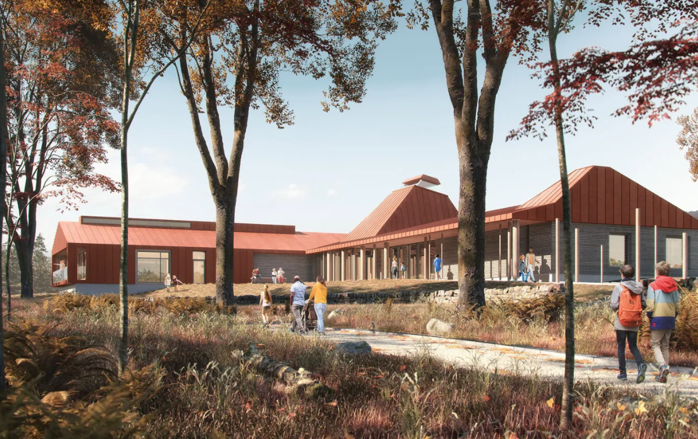 CGI of a visitor centre with a red roof, surrounded by trees with people using the accessible path up to it.