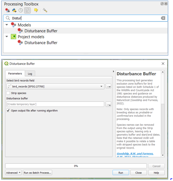 Figure 1 - Screenshot of Customized Disturbance buffer tool in the Peatland ACTION species survey QGIS