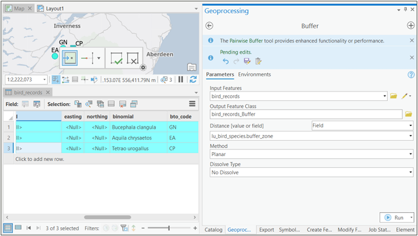 Figure 2 - Screenshot of Default buffer tool in Peatland ACTION species survey ArcGIS Pro. Use as distance value the field "buffer zone".