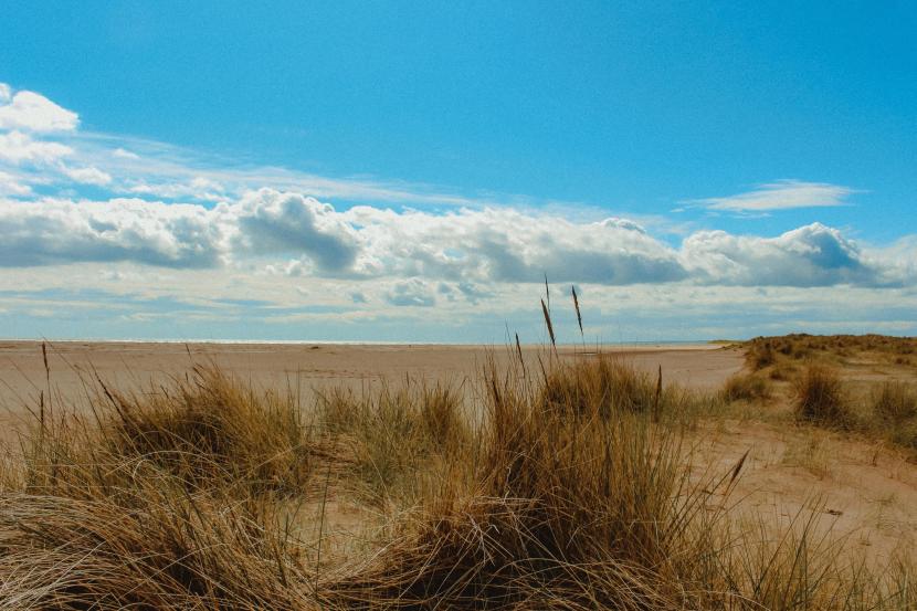 Sand dunes and a stretch of beach in the foreground, with the sea beyond and blue skies above.