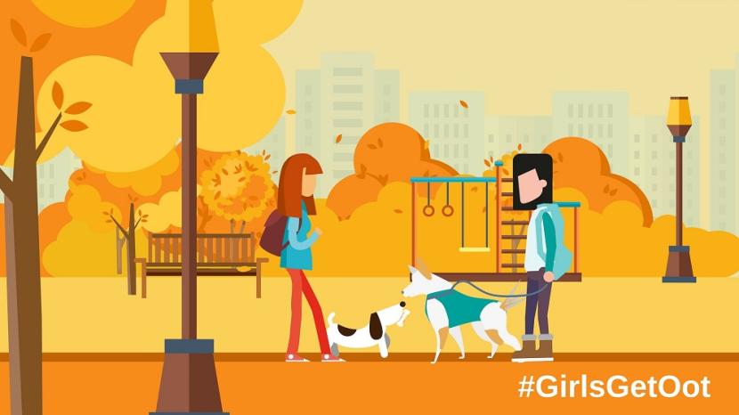 illustration of two people walking dogs in autumn