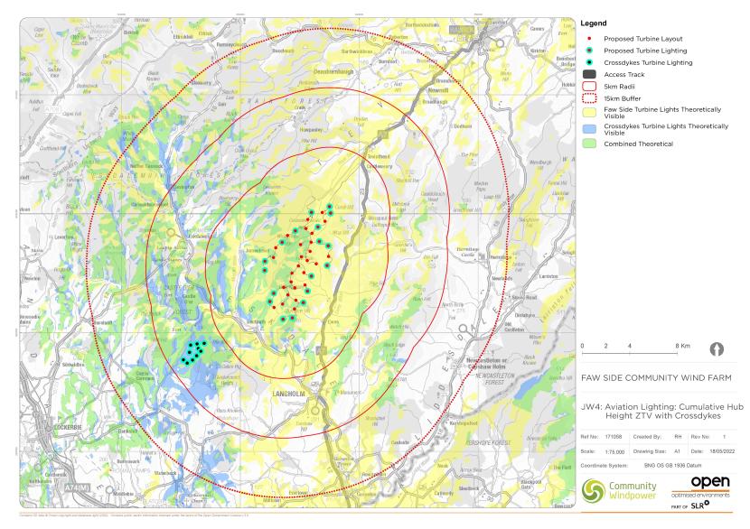 The image shows a map overlaid with lighting intensity ZTVs from two different wind farms highlighting where one and both (cumulative) are visible.