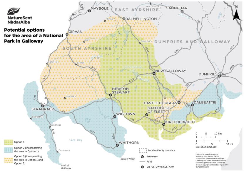 Map showing potential options for a National Park in Galloway