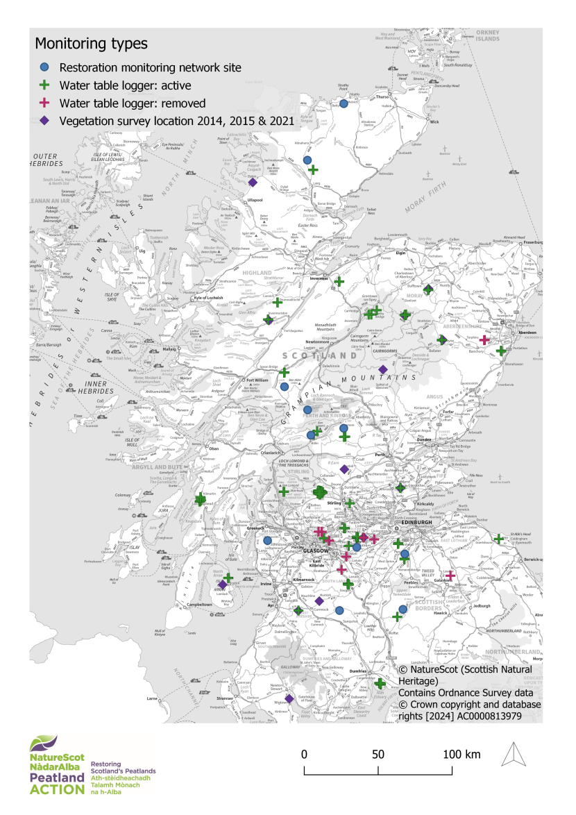 Figure 2 Ordinance Survey map of Scotland showing the locations of NatureScot Peatland ACTION monitoring sites to date.