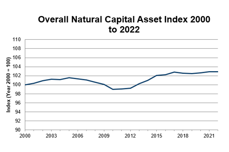 A line graph showing the change in the Natural Capital Asset Index over time. As described in Scotland’s Natural Capital Asset Index – 2025. Update summary.