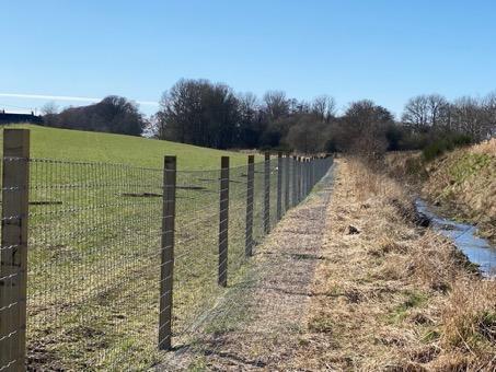 Wire fence attached to wooden posts in a grassy field