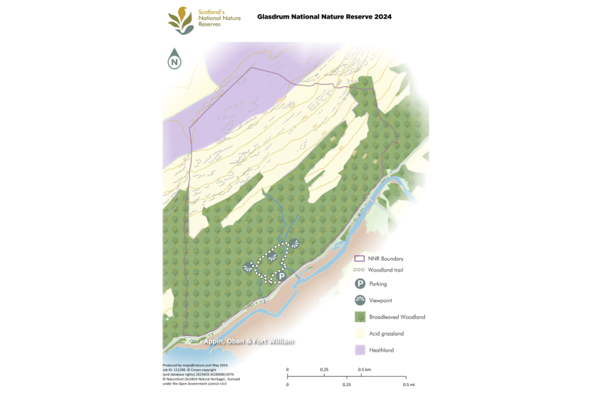 Glasdrum NNR Map showing boundary, parking, viewpoint, and glasslands