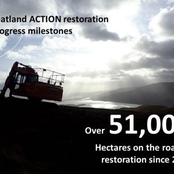 Silhouette of a digger on an upland Peatland ACTION restoration site with a loch in the background. Caption says &amp;quot;Peatland ACTION restoration progress milestones over 51,000 hectares on the road to restoration since 2012&amp;quot;  (Data July 2024). IMAGE: ©R.J.Cooper – Peatland ACTION / LL&amp;amp;TNPA