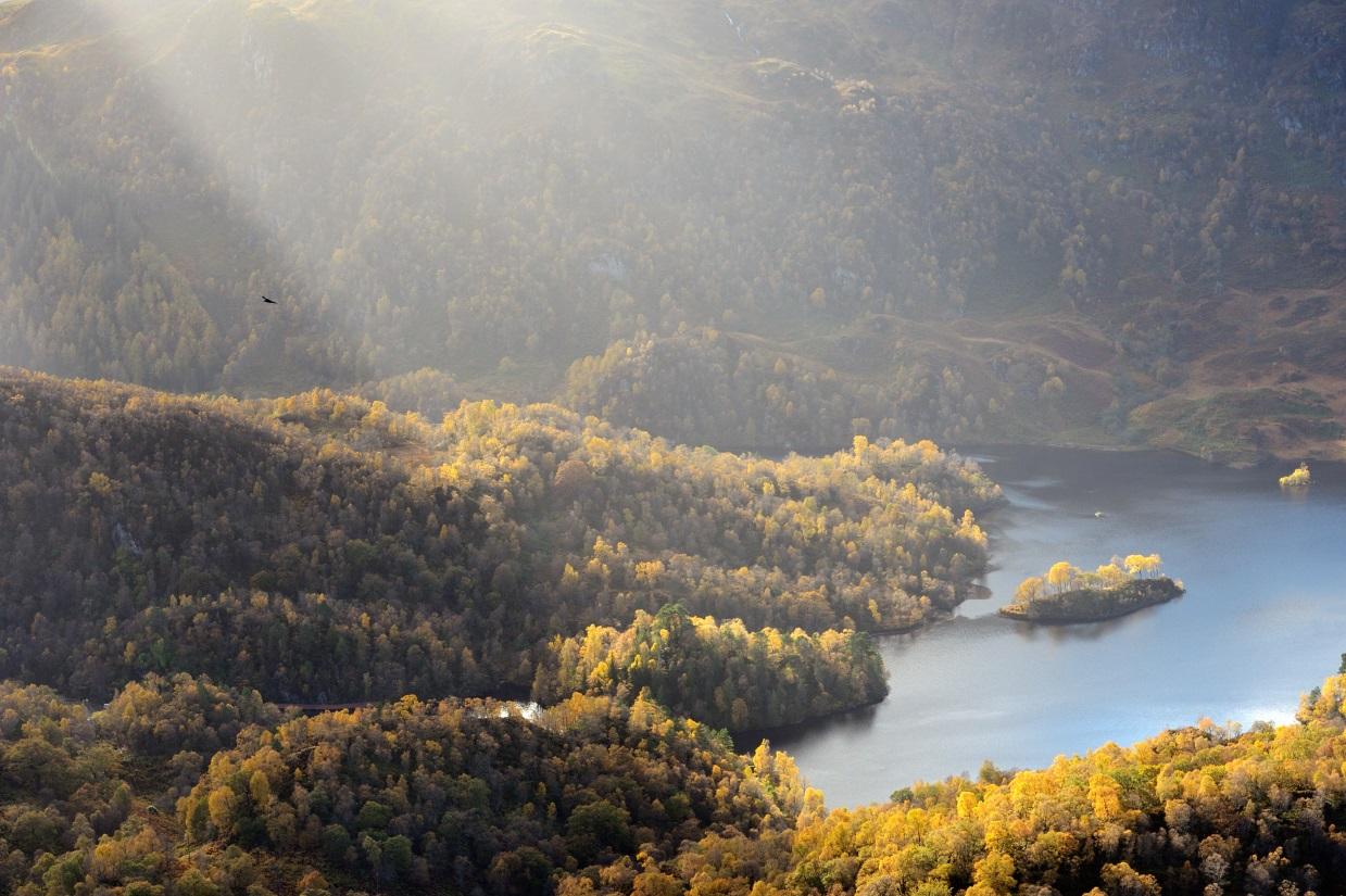 Looking down on Loch Katrine, surrounded by wood covered hills in front and cliffs in the background.