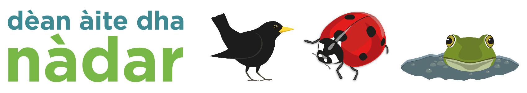 Graphic of a blackbird, ladybird and frog next to 'make space for nature' text in Gaelic